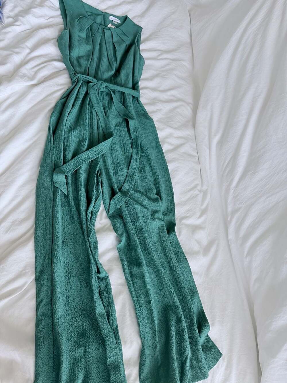 Calvin Klein Green Plissé Pleated Sleeveless Jumpsuit with Waist Tie Size 12